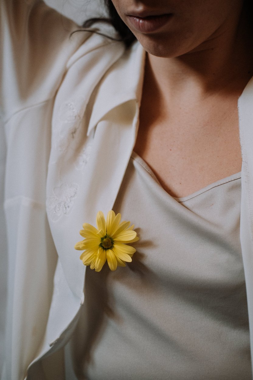 Crop gentle woman with blooming flower on clothes